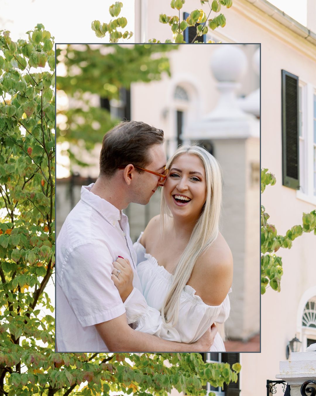 A bride to be laughing during her downtown engagement session in Frederick, Maryland