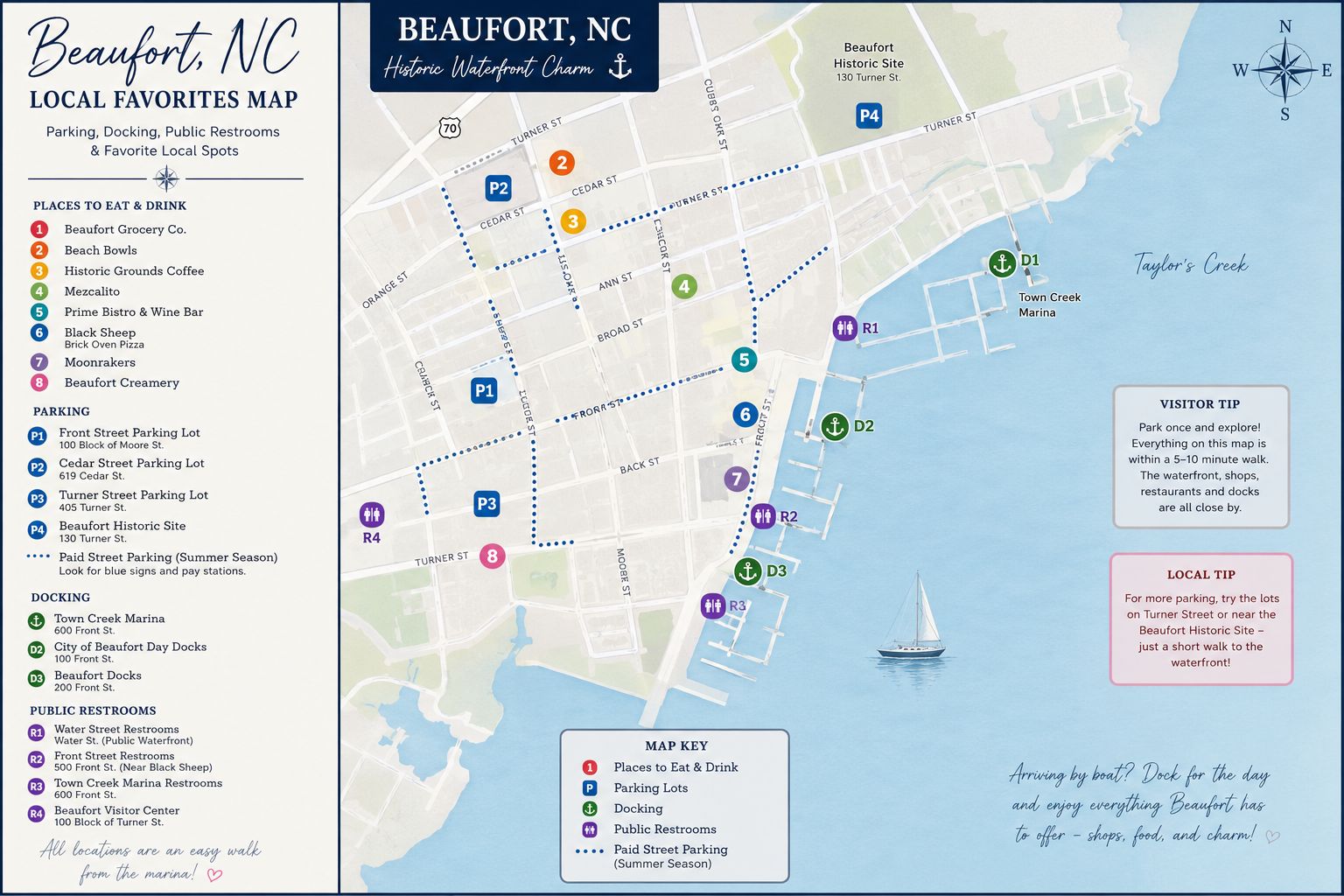 Illustrated map of downtown Beaufort, NC showing local favorite restaurants, coffee shops, waterfront dining, public parking lots, day docks, marina access, and public restrooms near Front Street and Taylor's Creek.