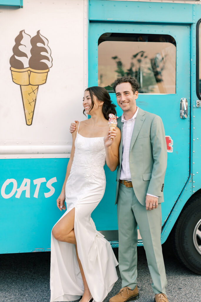 An after dinner ice cream truck arrives at this colorful modern wedding.