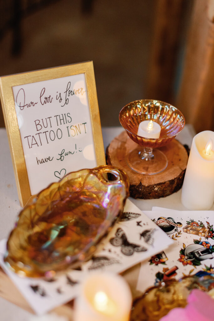 A tattoo bar displayed at a wedding for guests.
