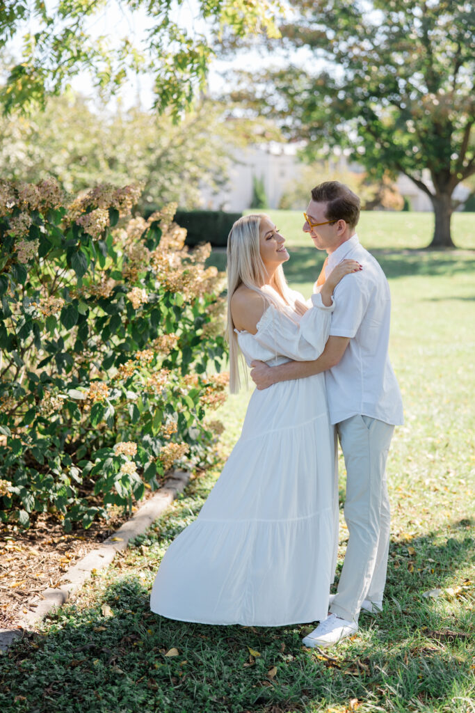 Romantic close-up of couple embracing at Baker Park during Frederick engagement session