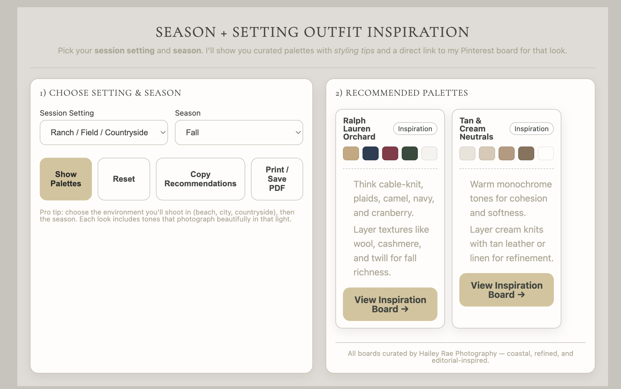 Coordinated family fall portrait outfits in warm earthy tones inspired by Hailey Rae Photography wardrobe tool.