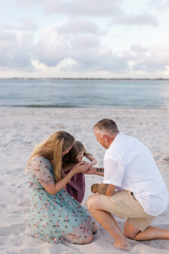Crystal Coast proposal photos with pink sunset sky